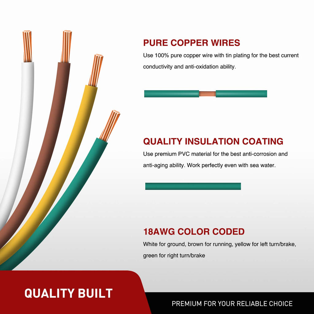 10039W 4 Pin Flat Trailer Wiring Harness Kit 18AWG 25Feet Male 4Feet Female Wishbone-Style Wiring Harness Extension