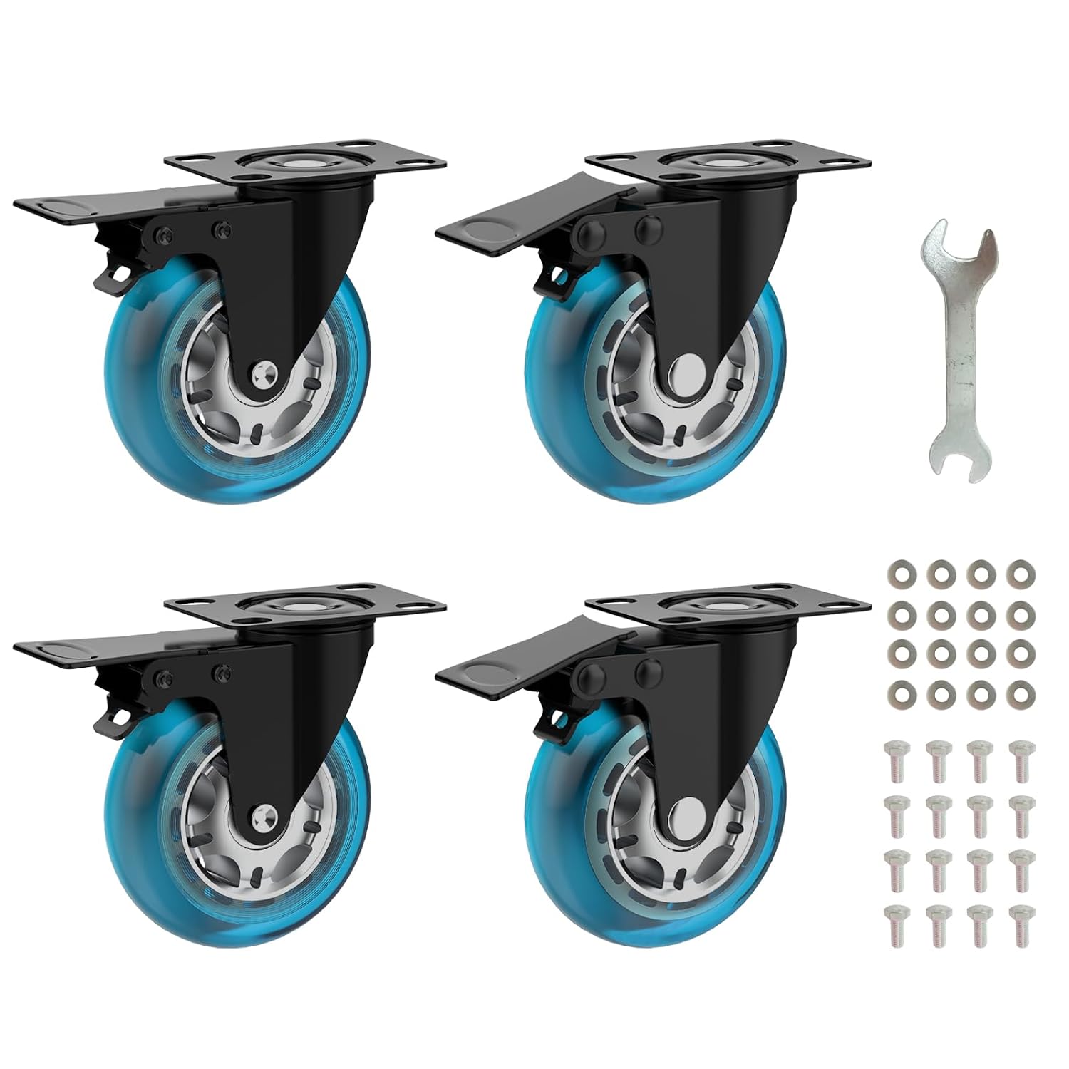 3 Inch Plate Casters Set of 4 Double Brake Heavy Duty | 1200 LBS, Non Marking & Quiet Blue Design, 360°Swivel, Wheels