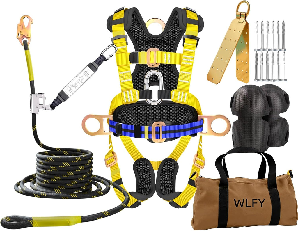 50FT Roofer's Safety Bucket Kit – Upgrade Safety Harness, Roof Anchor, Reusable Roofing Knee Pads，and 50ft Vertical
