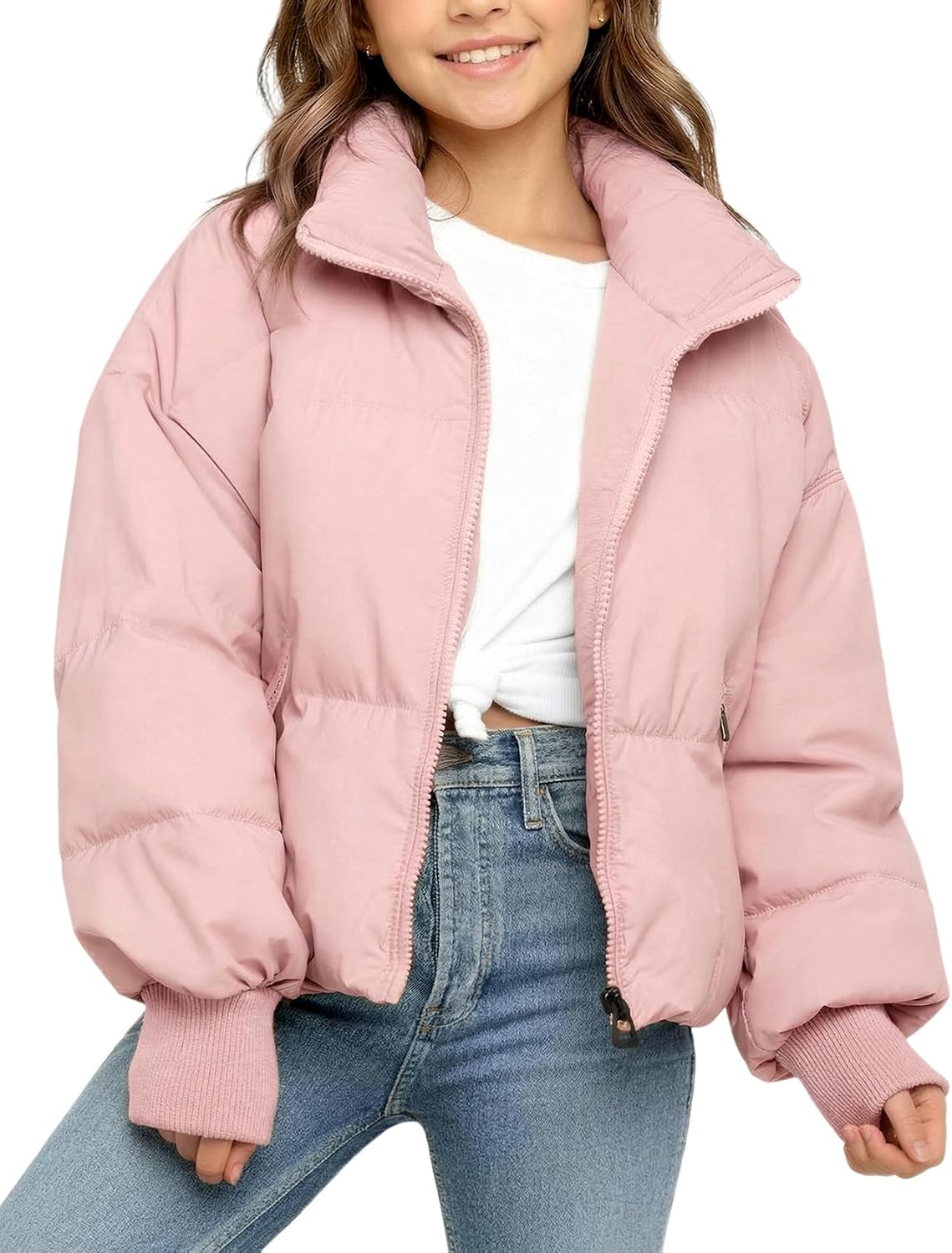 Girls Winter Puffer Jacket Kids Warm Quilted Puffer Coat | Zip Up, Stand Collar, Long Sleeve, Cropped Puffy Jacket