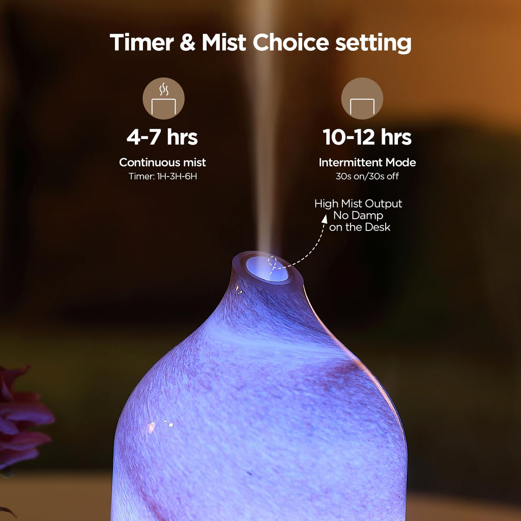 Essential Oil Diffuser Hand Blown Glass Aromatherapy Diffuser - Ultrasonic Cool Mist Scent Aroma Diffuser, Whisper