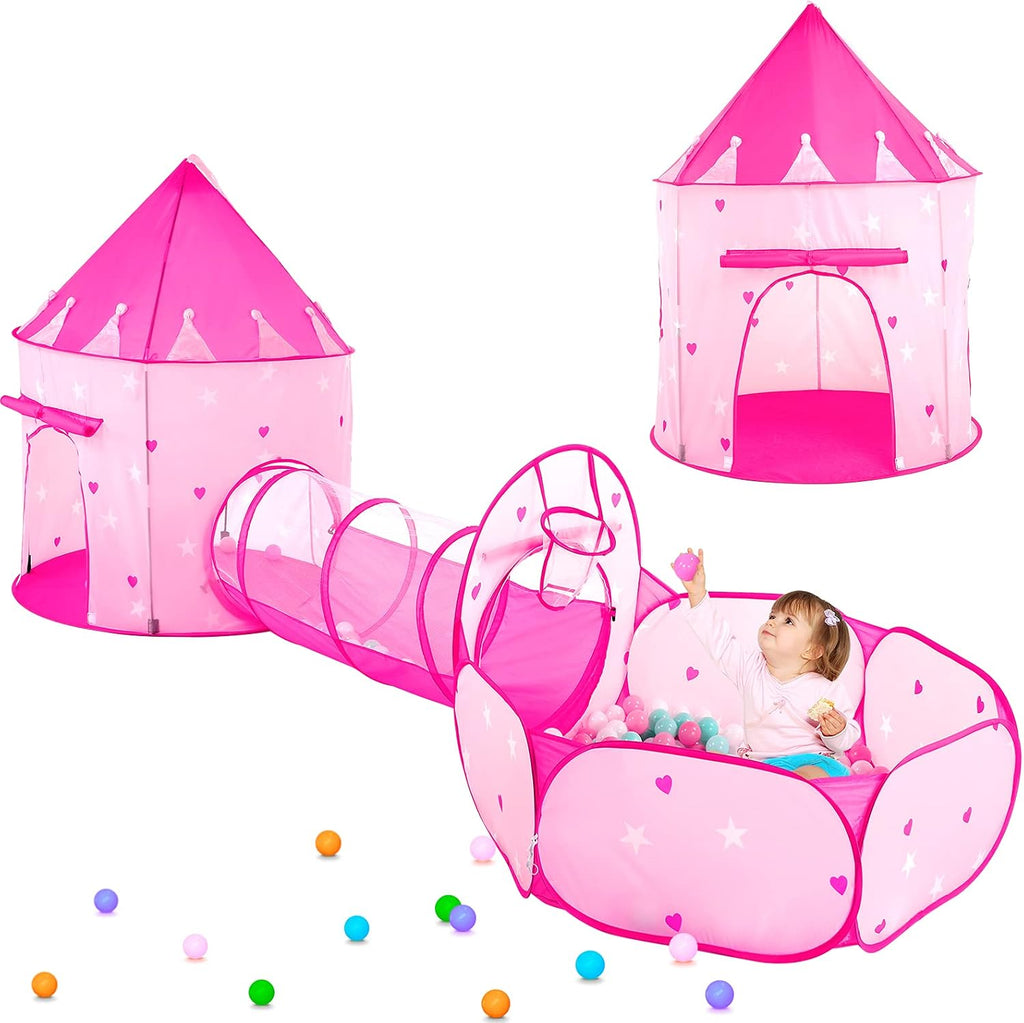 3pc Kids Play Tent for Girls with Ball Pit, Crawl Tunnel, Princess Tents for Toddlers, Baby Space World Playhouse