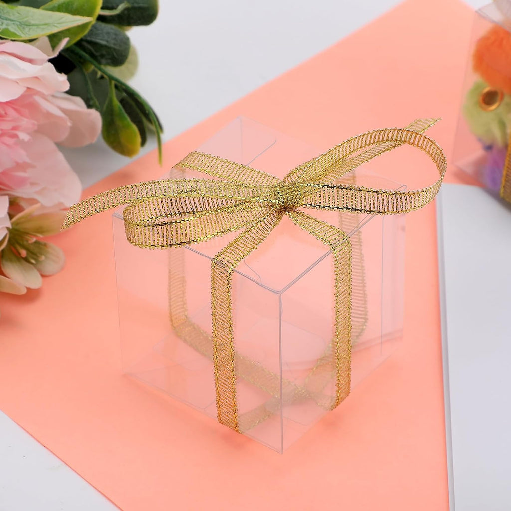 60 Pack Clear Favor Boxes, 2x2x2 Inch Candy Boxes with Ribbons, Small Candy Containers Plastic Gift Box for Macaron