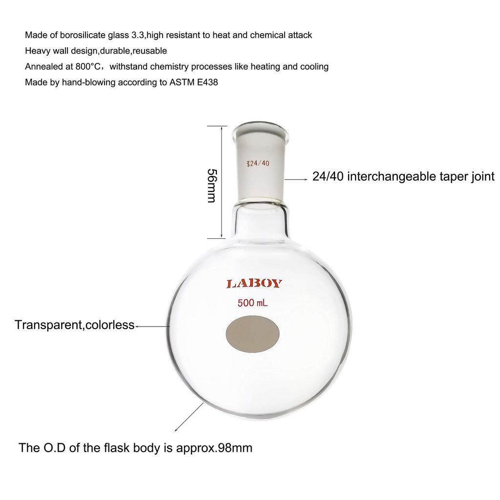 Single-Neck Round-Bottom Flask, 500mL, 24/40 Outer Joint