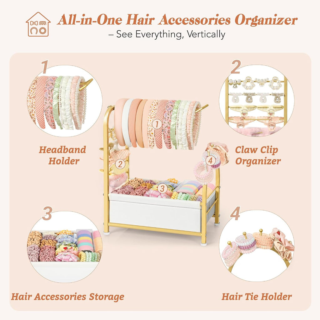 Headband Holder Stand - Versatile Organizer for Scrunchies, Bows & Claw Clips - Compact Hair Accessories Storage for