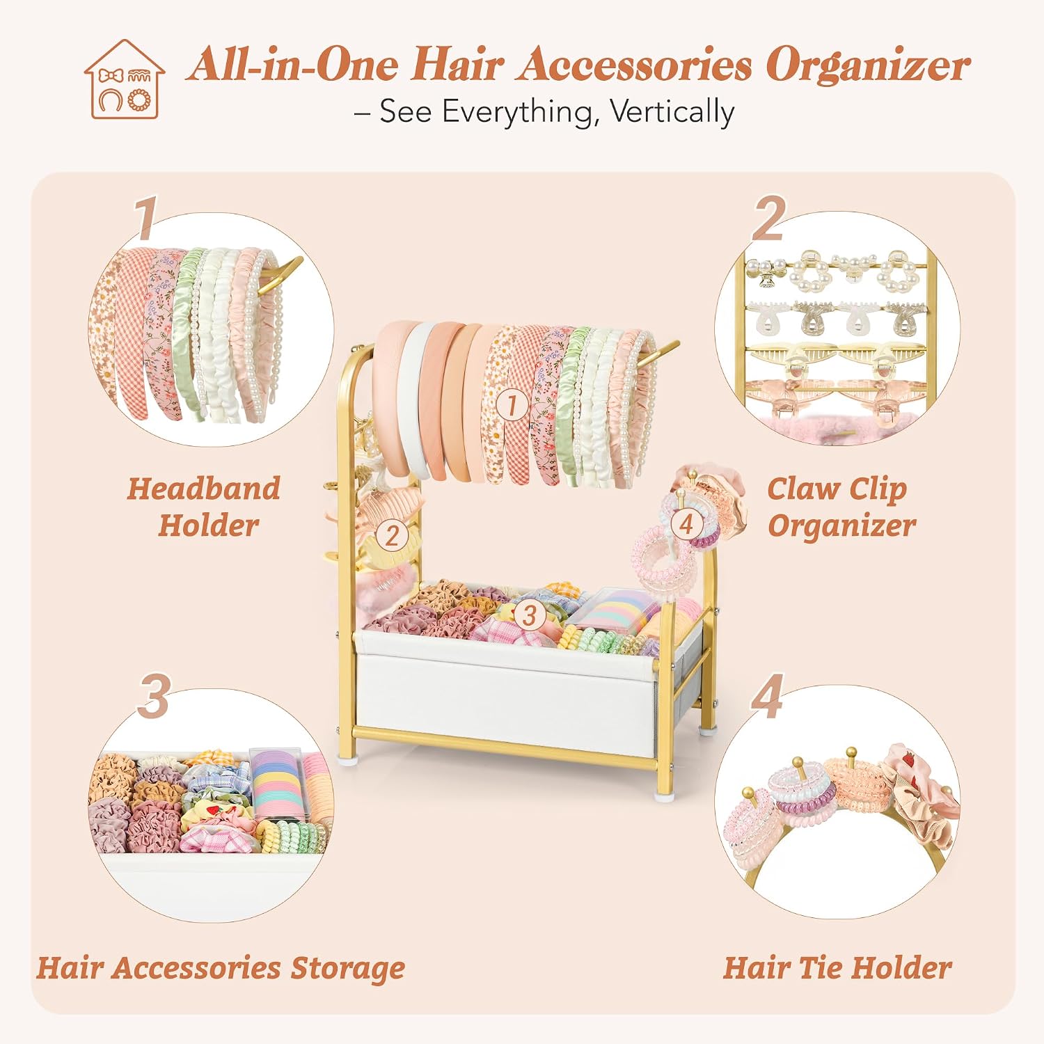 Headband Holder Stand - Versatile Organizer for Scrunchies, Bows & Claw Clips - Compact Hair Accessories Storage for