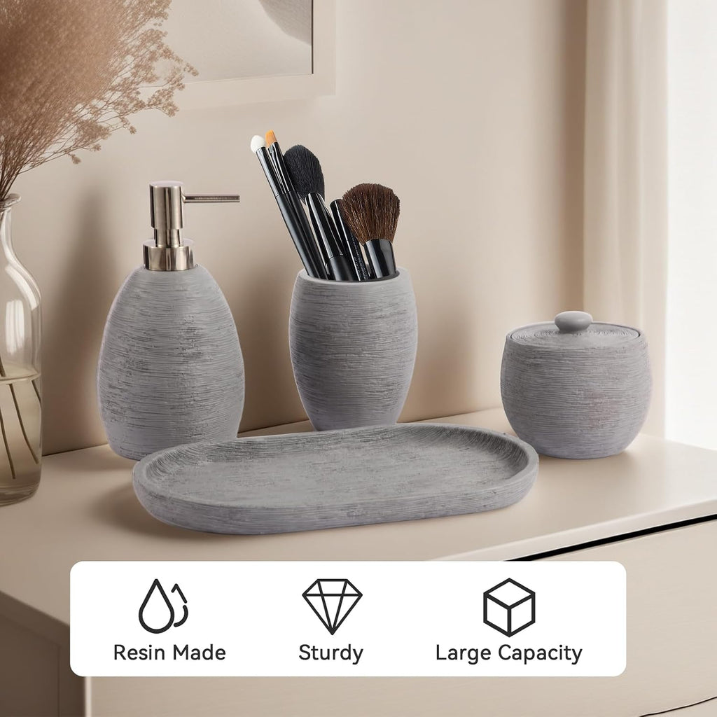 Modern Grey Bathroom Accessory Set,4 Pcs Luxury Bathroom Set | Resin Material,Includes Lotion Dispenser,Cotton Swab
