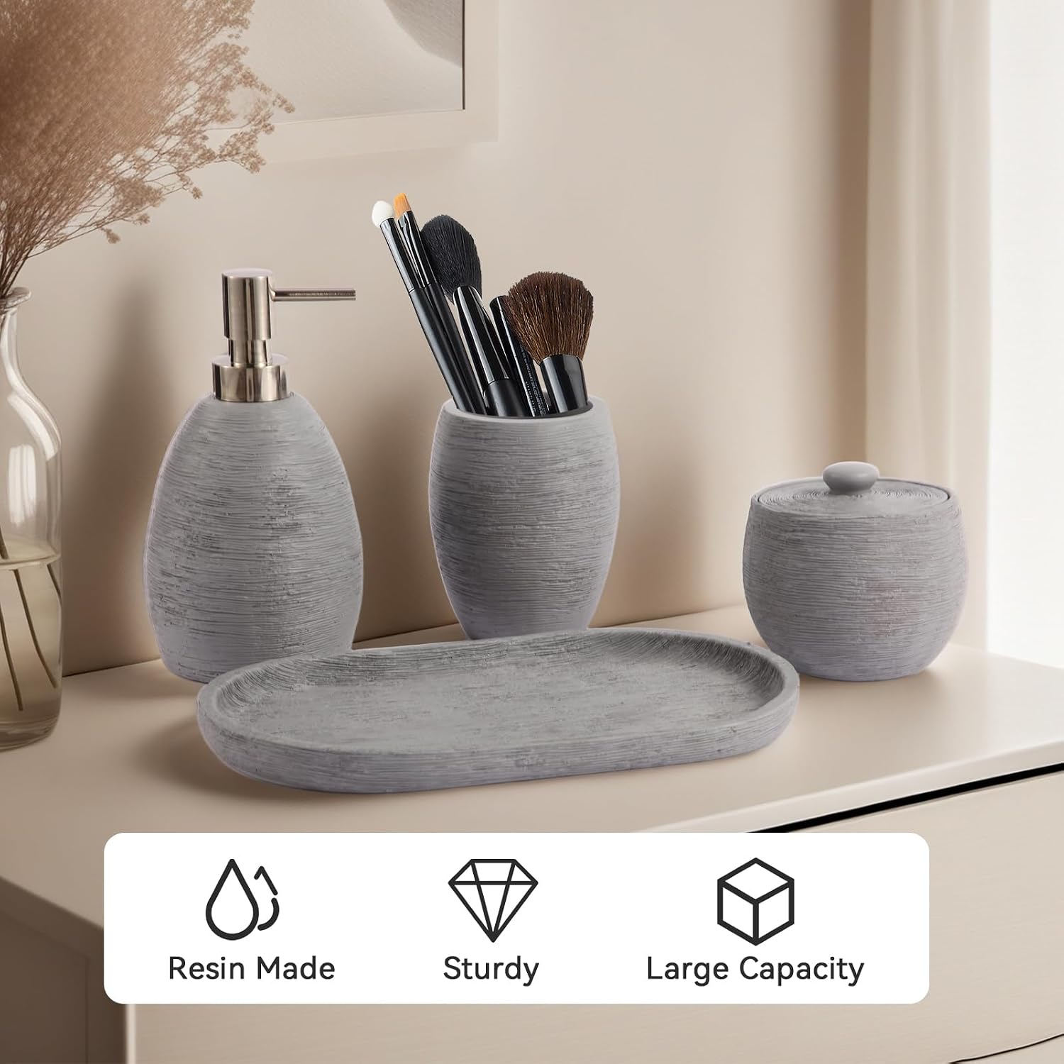 Modern Grey Bathroom Accessory Set,4 Pcs Luxury Bathroom Set | Resin Material,Includes Lotion Dispenser,Cotton Swab