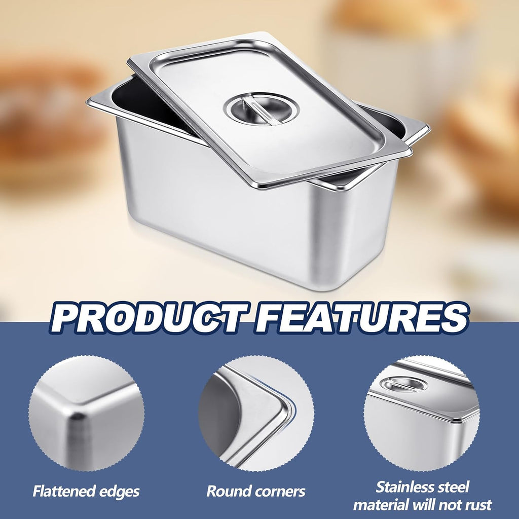 2 Pack Stainless 1/3 Size x 6 Inch Deep Steam Table Pans with Lids