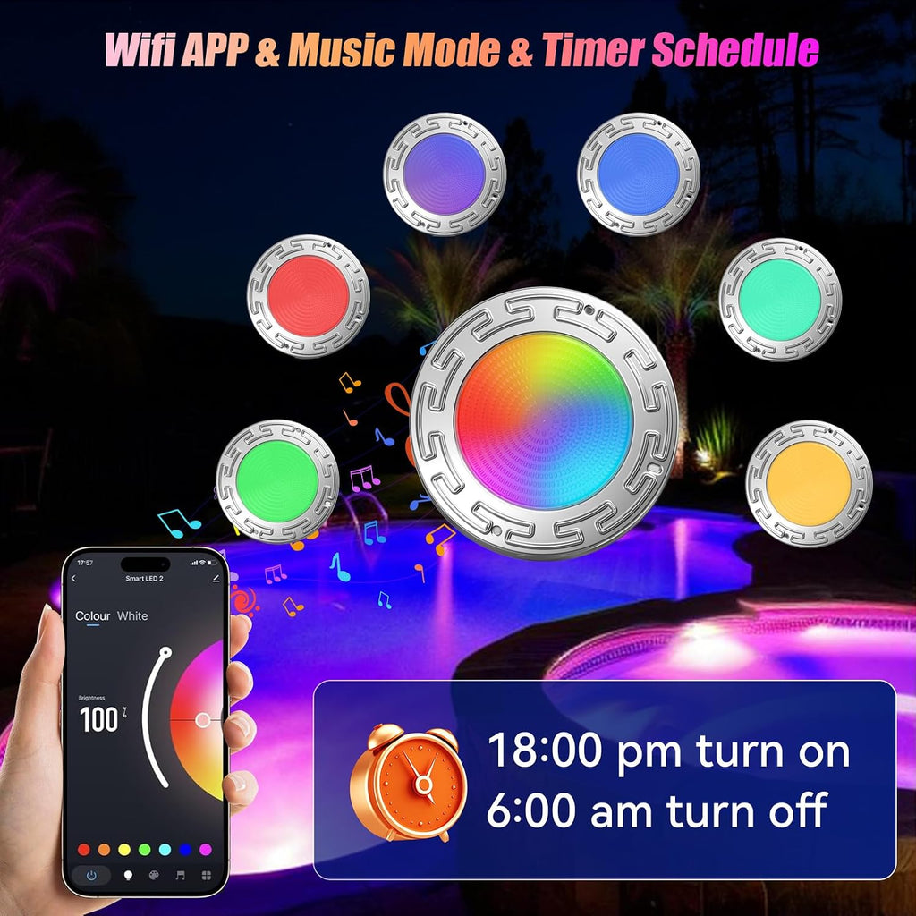 60Ft 6Inch WiFi Spa Led Pool Lights for Inground Pool with Triple Control (Remote/APP/Controller), 20W Muti-Color