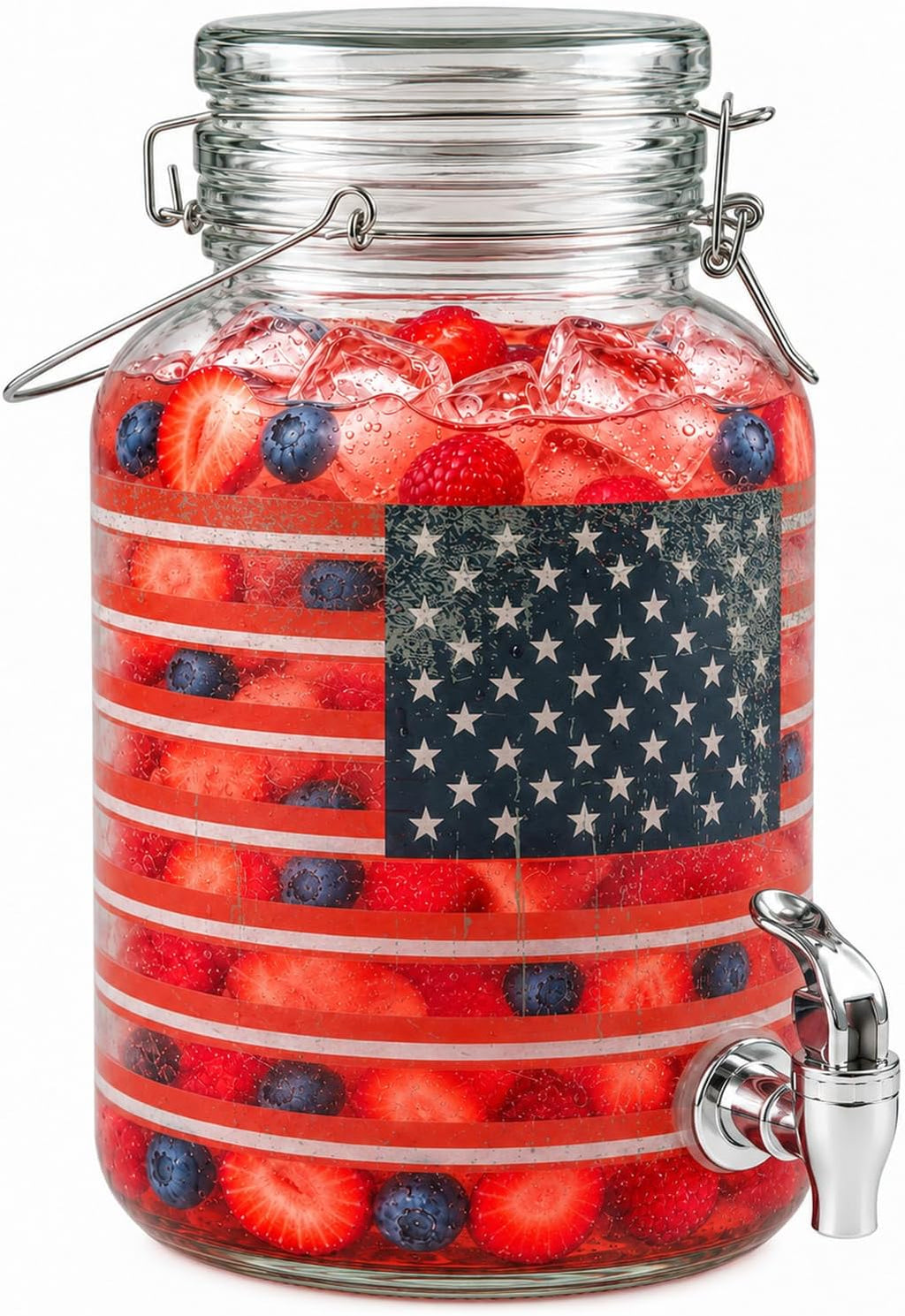 Drink Dispenser, Glass Beverage Dispenser Set (USA Flag-1 Gallon)