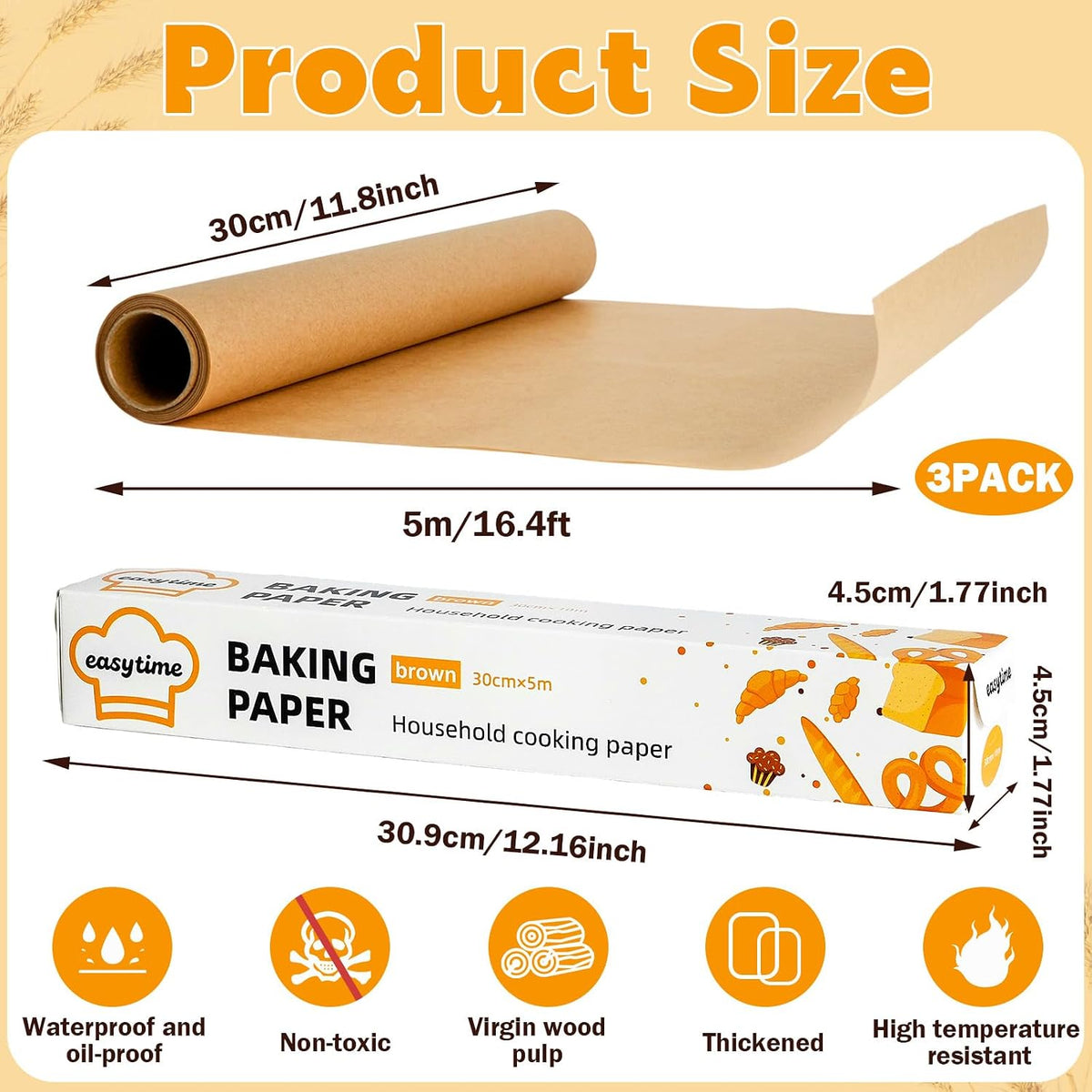 12in x 49ft Unbleached Parchment Paper Roll, High Temperature Resistant Parchment Paper for Baking, Non-Stick