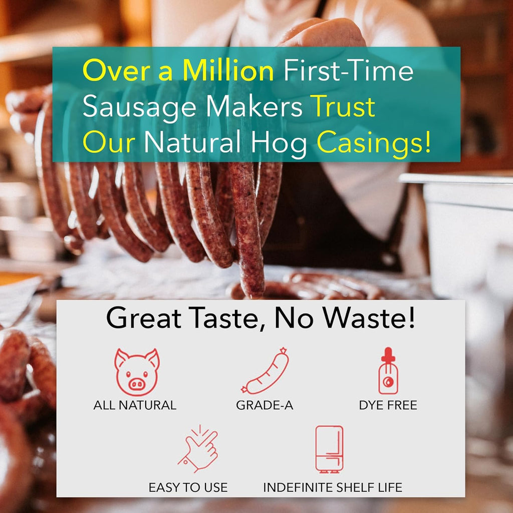 Natural Hog Sausage Casings 32-38mm, Edible Casing For Sausage Making, Stuff Over 25 Lbs Meat, Breakfast, Italian