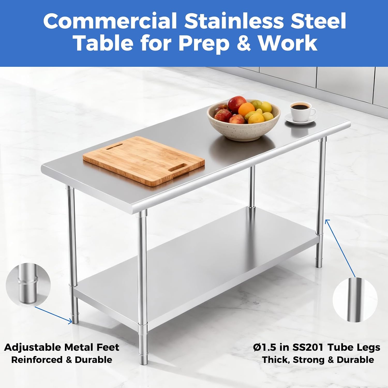 Stainless Steel Prep Table 30 x 48 Inches | NSF certified work table with adjustable undershelf for kitchen, garage