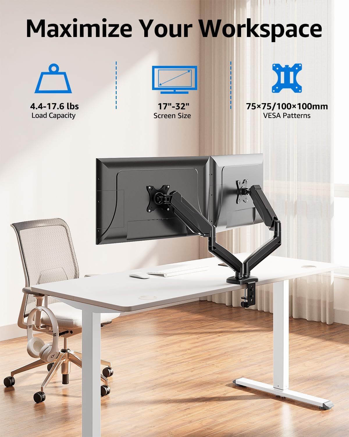 Dual Monitor Stand for Desk, Monitor Arms for 2 Monitors 32 27 24 22 Inches, Height Adjustable Double Monitor Mount