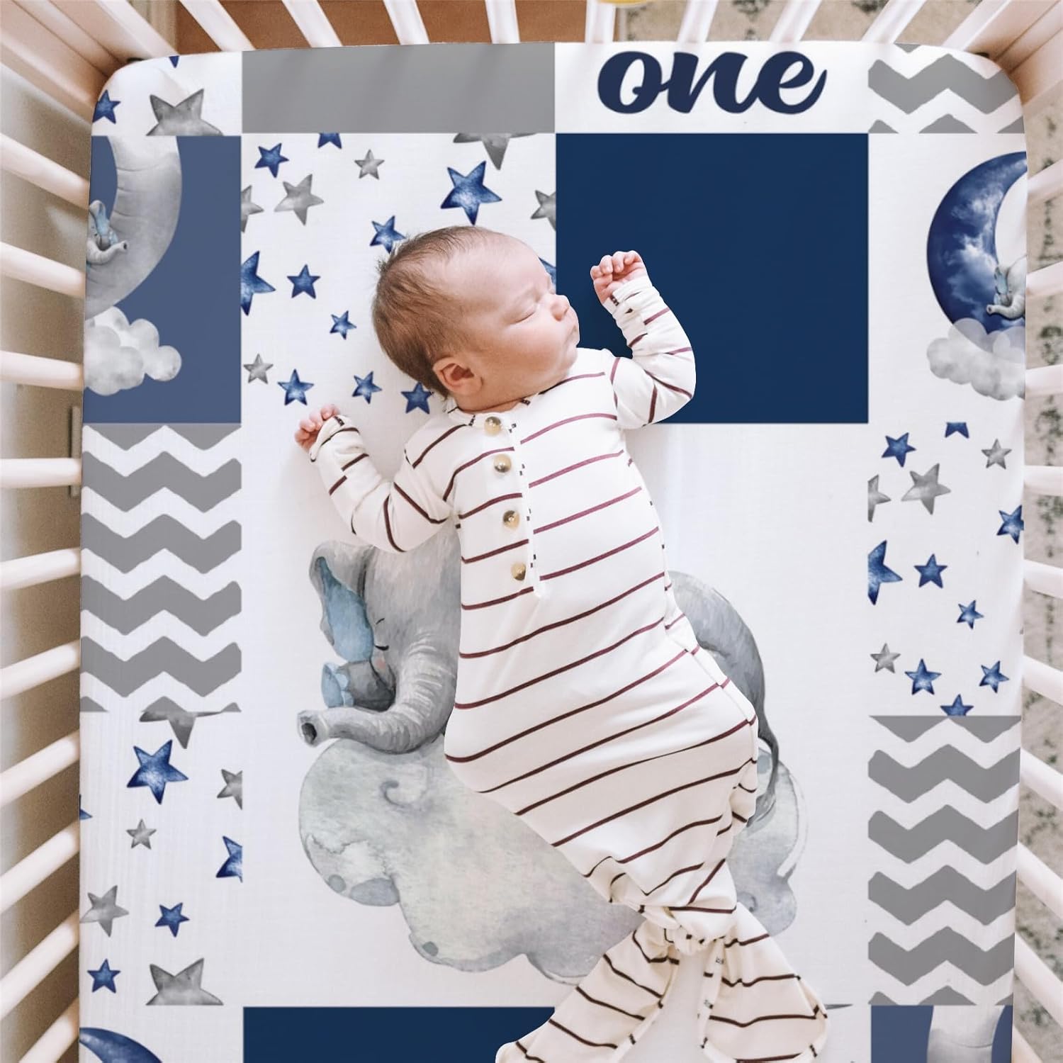 Navy Blue Sleeping Elephant Fitted Standard Crib Sheet Baby Boy, Dream Big Little One You are So Loved Patchwork