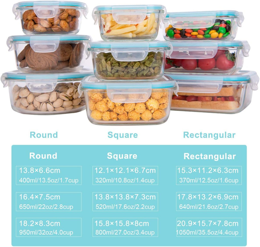 Glass Food Storage Containers with Lids, [18 Piece] Glass Meal Prep Containers Set, Airtight Leak Proof, Oven Freezer