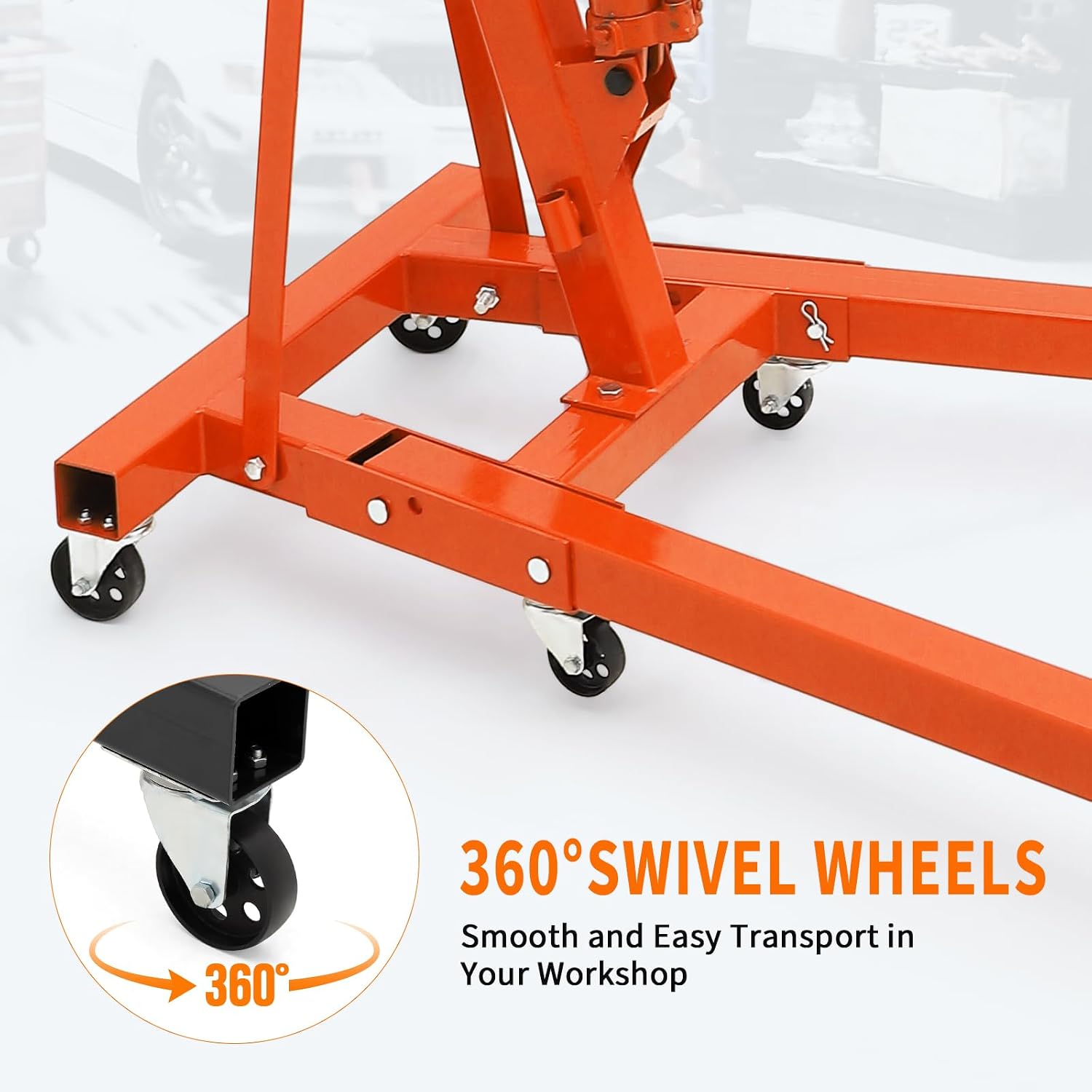 2-Ton Folding Engine Hoist Cherry Picker 4400 Lb Capacity Hydraulic Shop Crane with Telescoping Boom 6 Caster Wheels