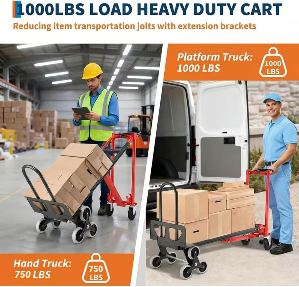 Heavy Duty 1000lbs Hand Truck, 4-in-1 Convertible Stair Climbing Dolly | Foldable Platform Utility Cart with Rubber