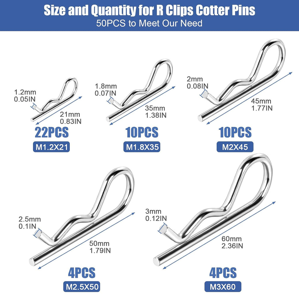 50PCS Cotter Pins Assortment Kit R Clips Hitch Pin