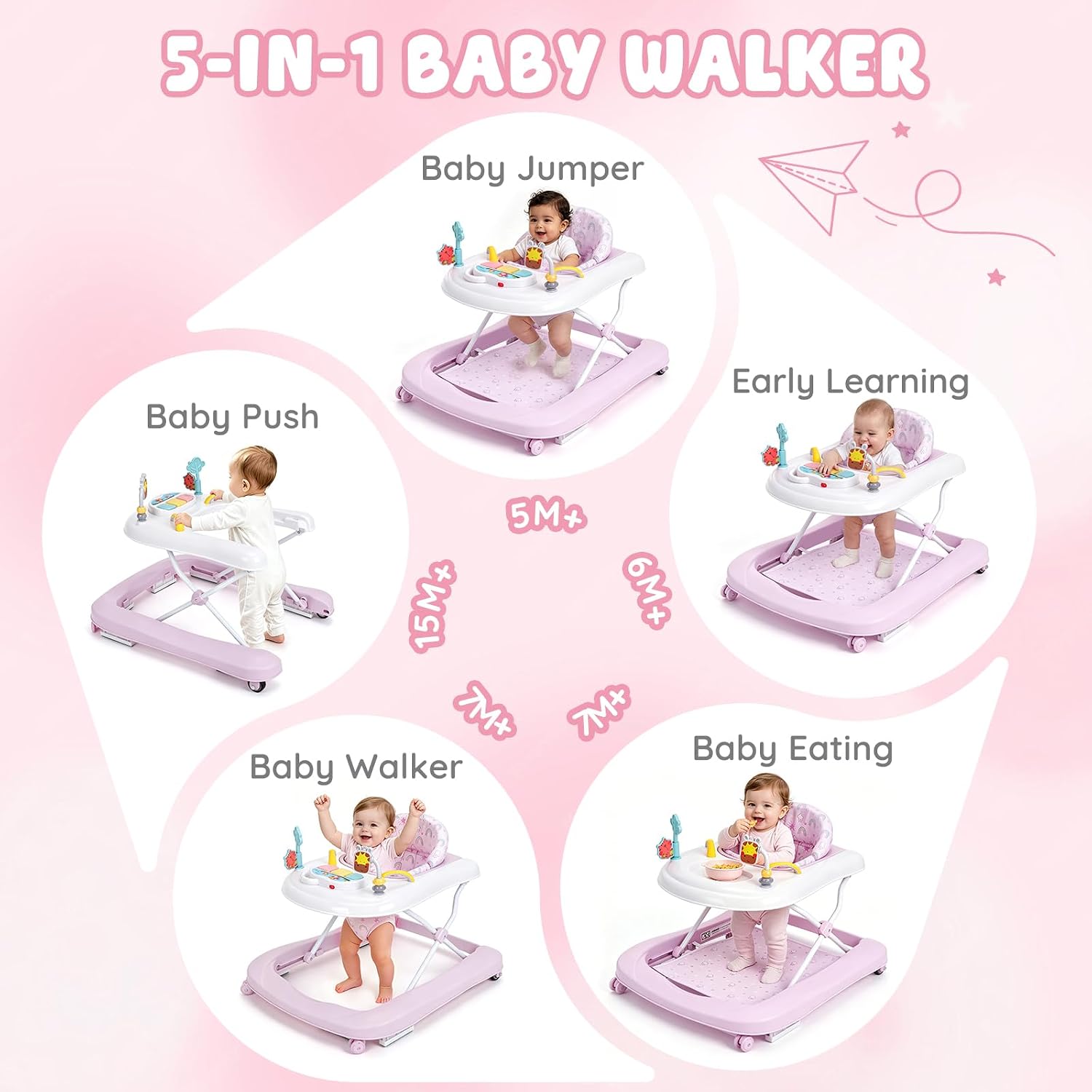 Baby Walker with Wheels, 5-in-1 Foldable Push Walker for Girls 6-12 Months | Pink, baby walker & bouncer combo