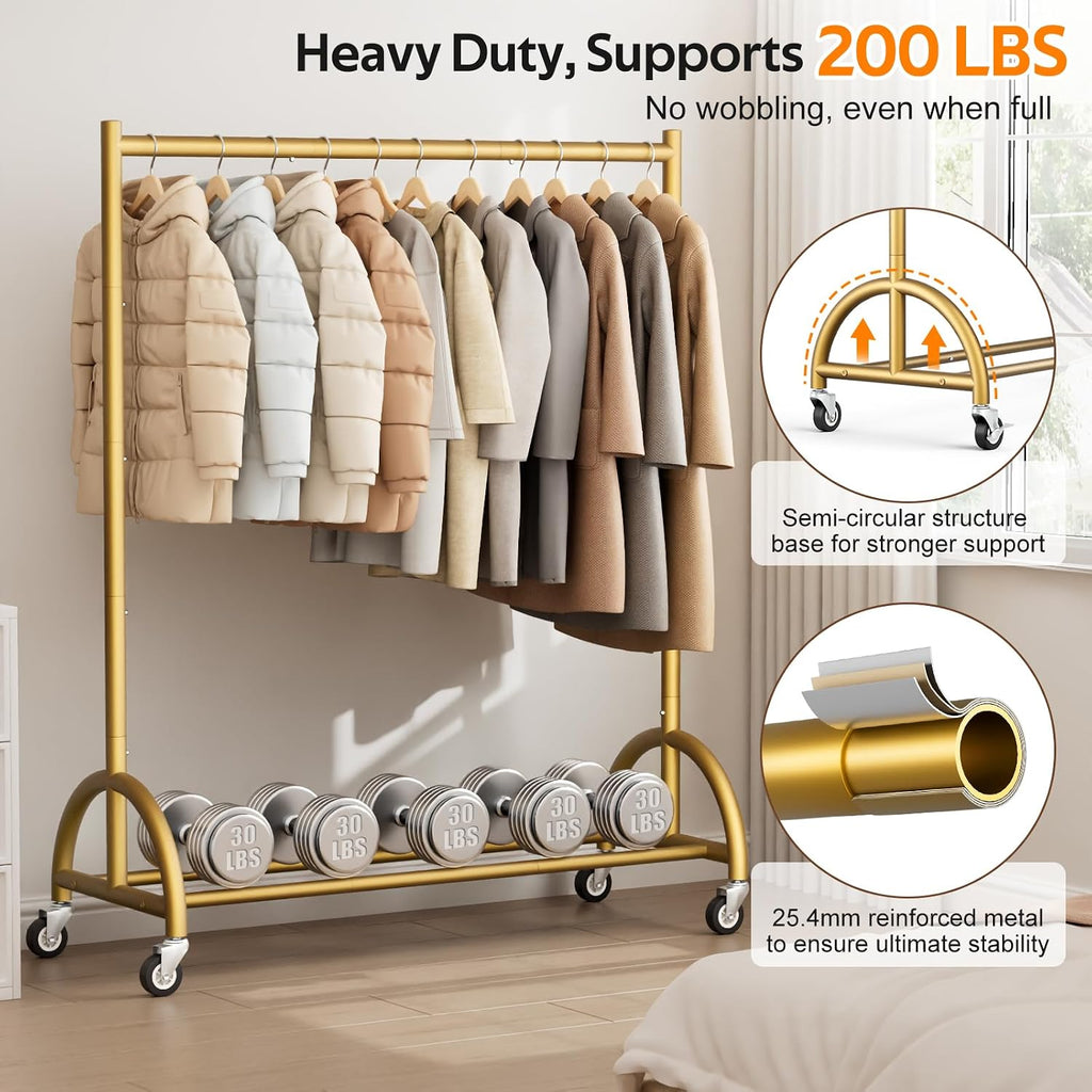 Heavy Duty Clothing Rack with Wheels Rolling Clothes Racks for Hanging Clothes, Coats, Garment, Dress, Gold