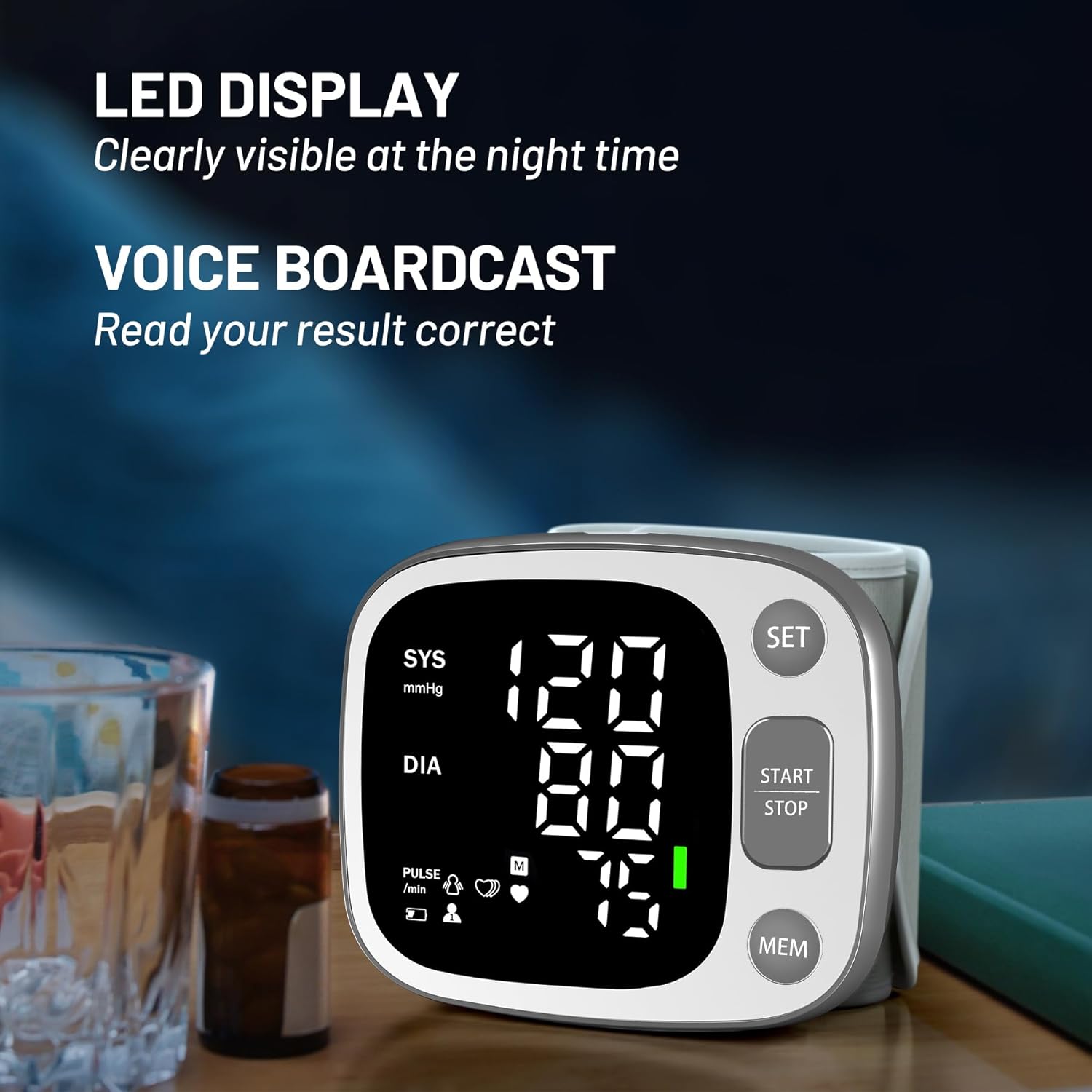 Blood Pressure Monitors for Home Use Rechargeable Wrist Digital BP Machine Cuff with LED Backlit Display, Voice