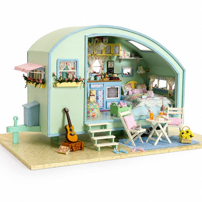 DIY Miniature Wooden Caravan Dollhouse Kit with Furniture