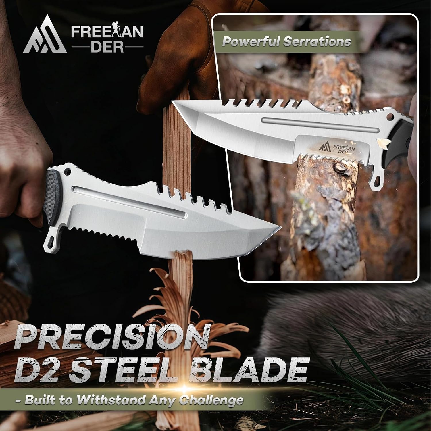 Fixed Blade Knife D2 Steel, Full Tang Hunting Knife with Sheath | Outdoor Survival Knife, Bushcraft Knife with
