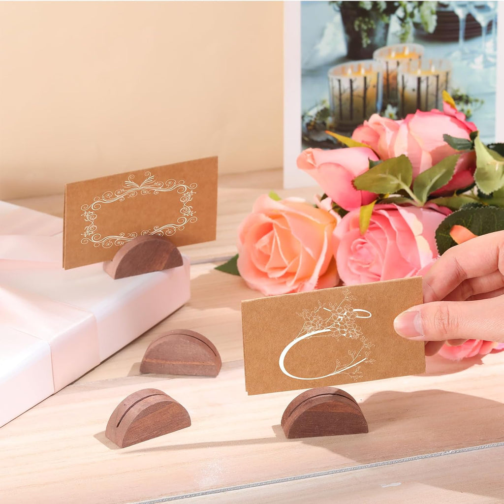 24 Pcs Wooden Table Number Stands with Tented Cards,Brown | Place Card Holders for Weddings, Semicircle Wood Base