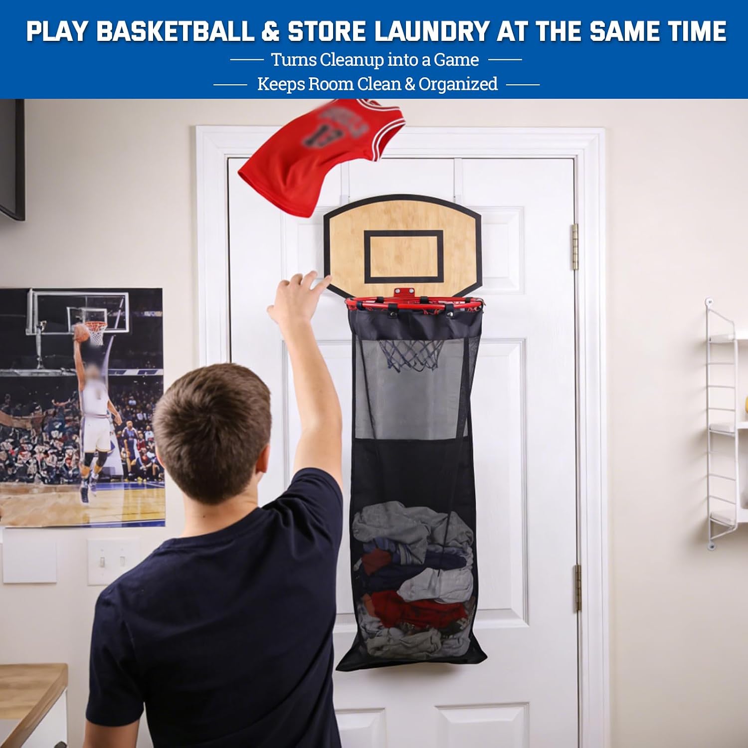 Basketball Laundry Hamper, Over The Door Hoop with Laundry Basket, Sports-Themed Hamper Organizer Set with Backboard