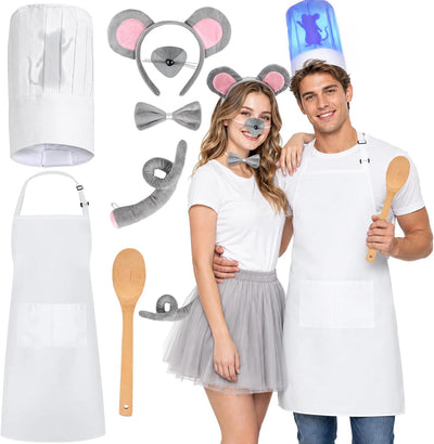 Mouse Chef Couple Costume Accessory Set, Adult Halloween Dress‑up Kit, Light‑Up Projection Chef Hat Apron Headband