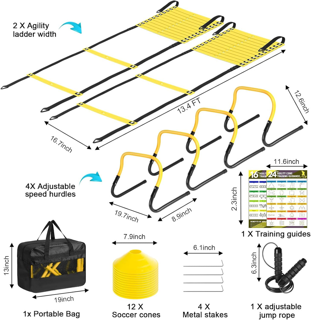 2 Pack Agility Ladder, Soccer Speed Training Equipment Set | Total 26 ft Agility Ladder, 12 Cones, 4 Adjustable