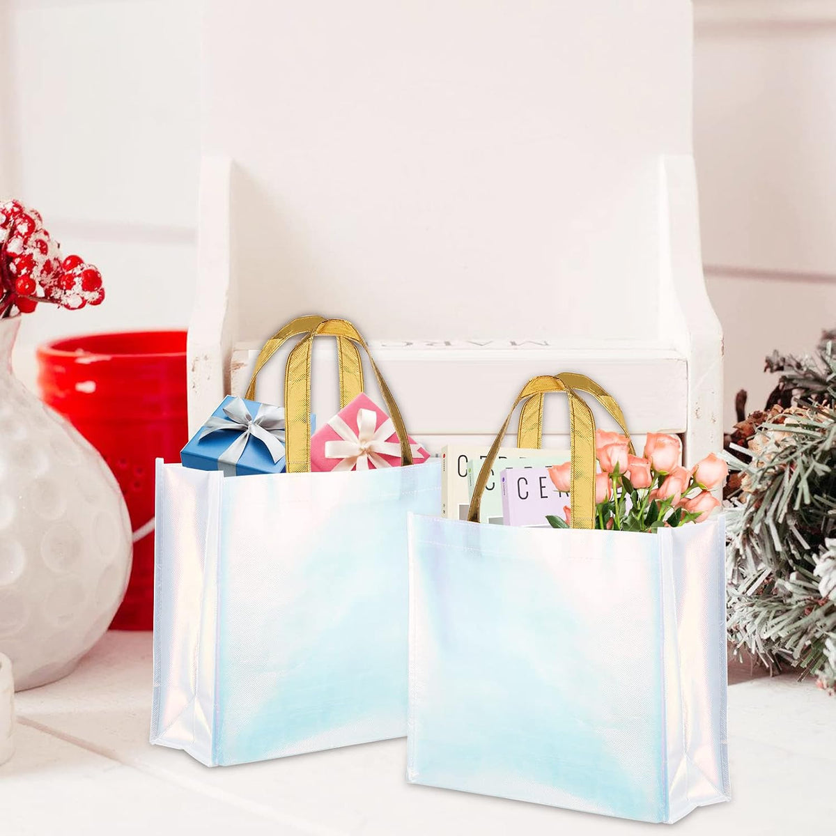 20 Pieces Glossy Reusable Grocery Bag, Blue Gift Bag with Handle