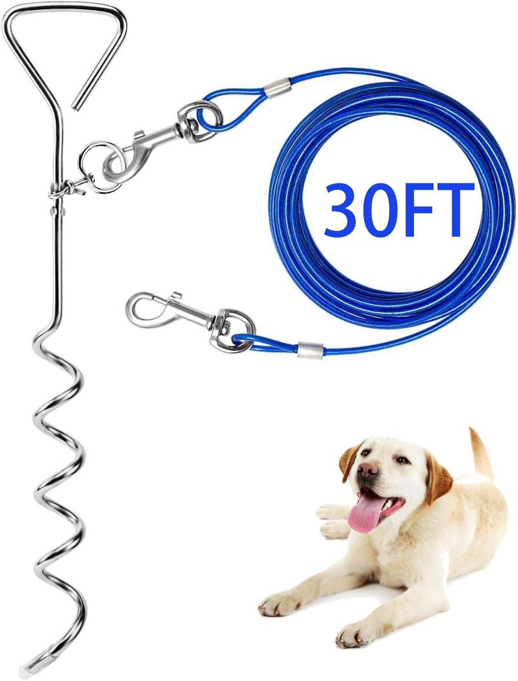 Dog Tie Out Cable and Anti Rust Spiral Stake , 30ft Outside Leash&Chain for Camping and Yard, 16'' Heavy Duty for