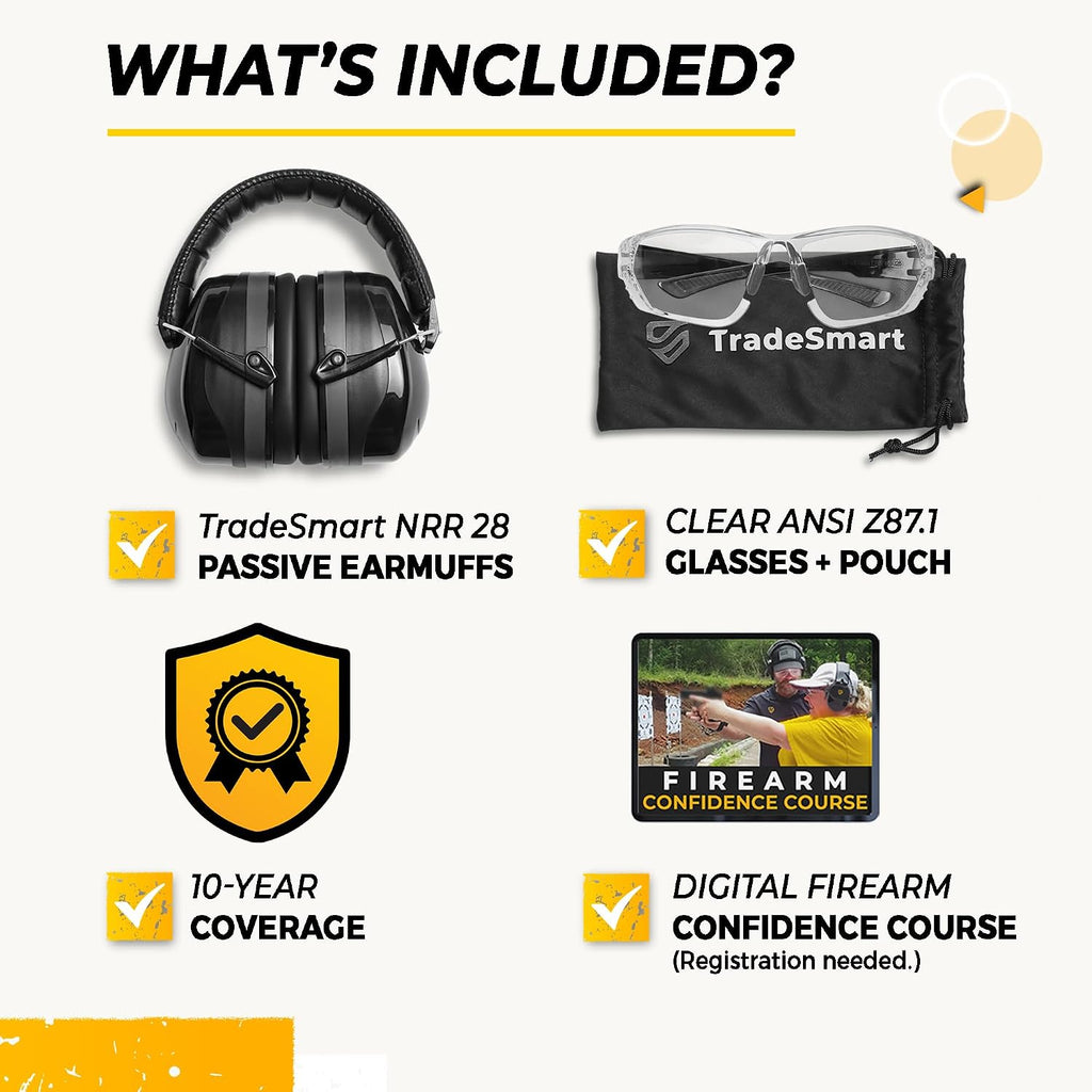 Shooting Ear & Eye Protection Kit, NRR 28 | Earmuffs and Z87.1+ clear/tinted safety glasses kit. Best indoor and