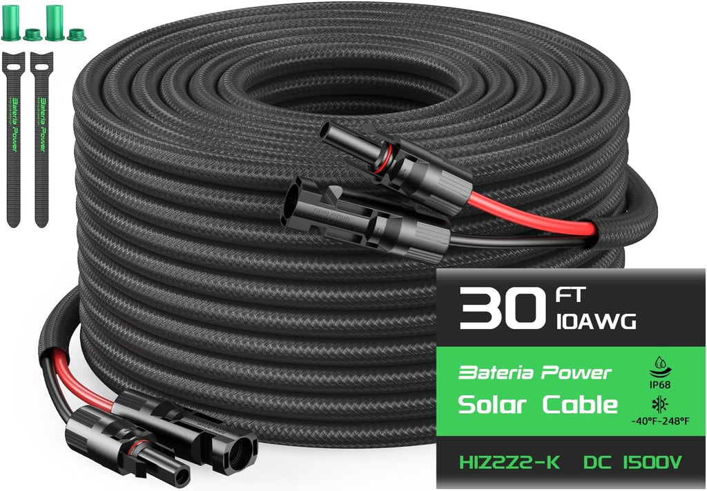 10AWG 30FT Solar Panel Extension Cable, Flame Retardant Protective Sleeving Twin Wire 10 Gauge Solar Cable with IP68