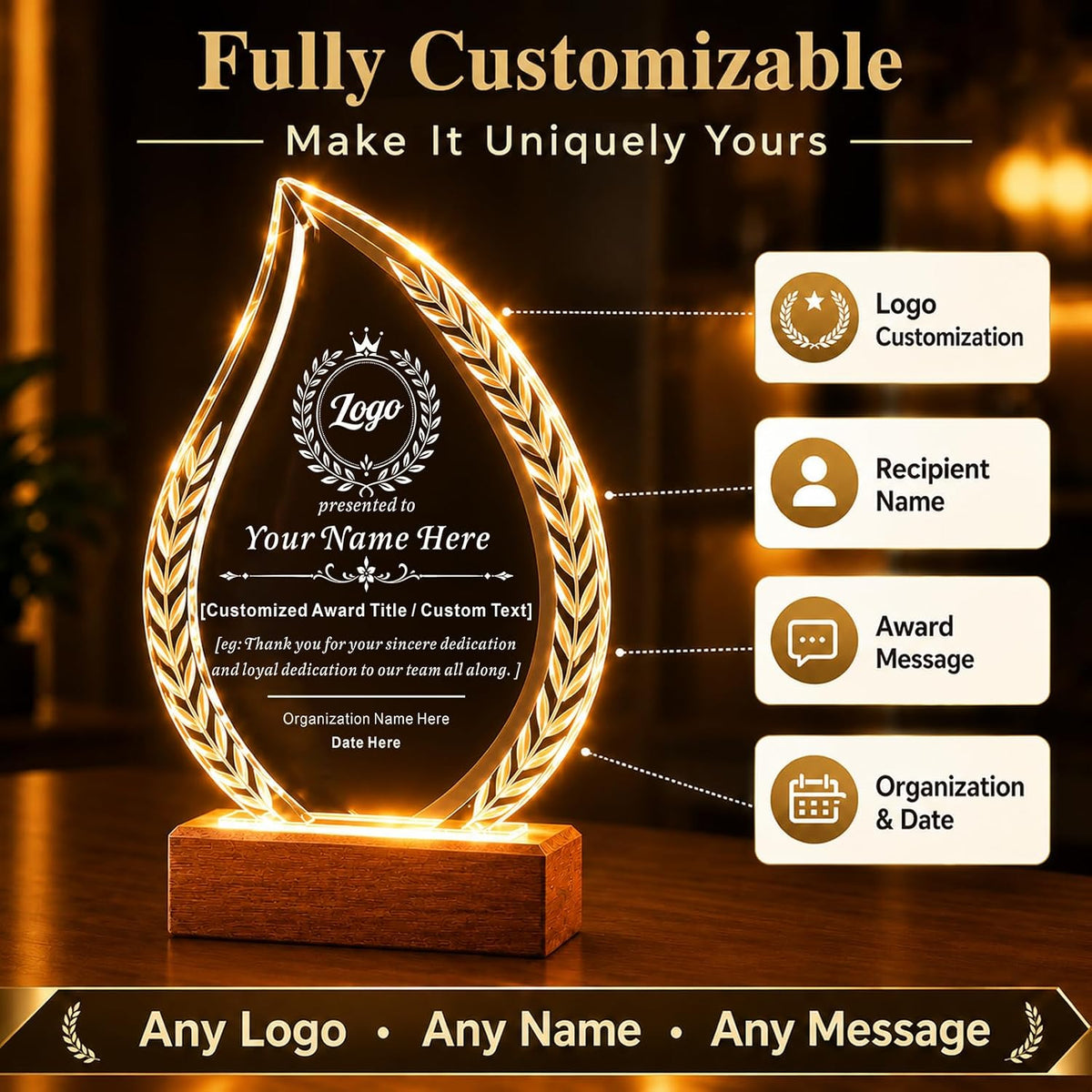 SHIP NEXT DAY, Custom Crystal Trophy Award, Engraved Plaque with LED Base