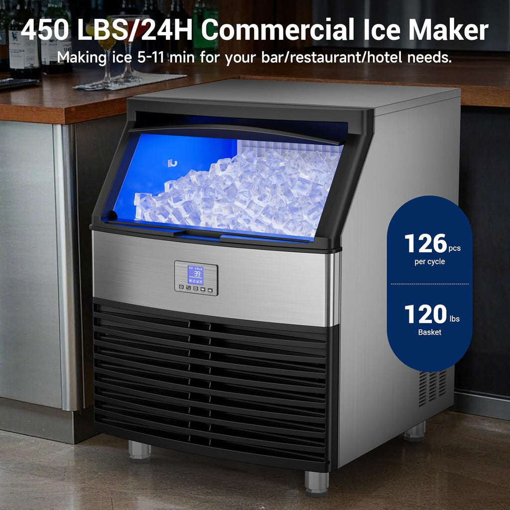 Commercial Ice Maker Machine, 450lbs/24H ice Machine, 120Lbs Storage