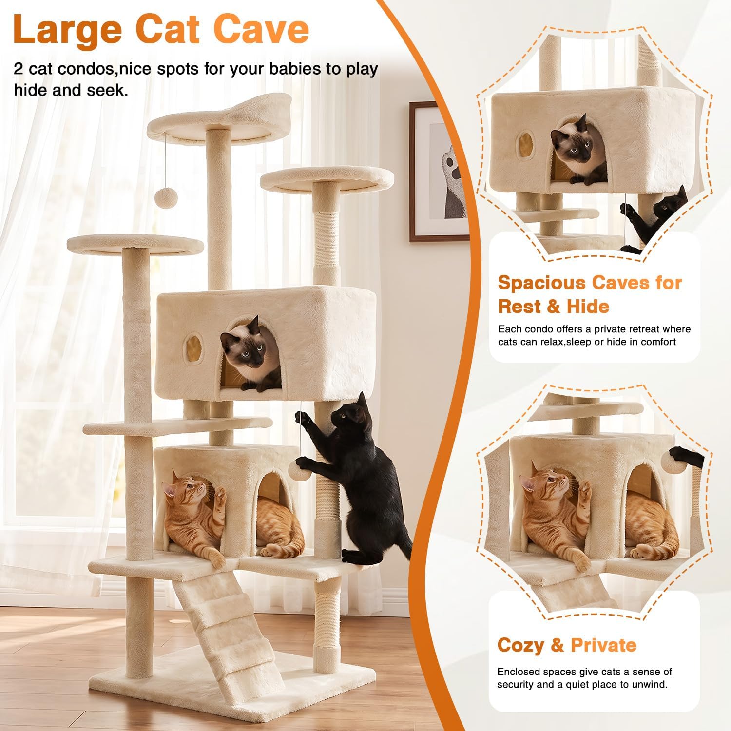 54" Cat Tree Tower | Beige | Multi-Level Indoor Activity Center with Sisal Scratching Posts, Condos, Plush Perches