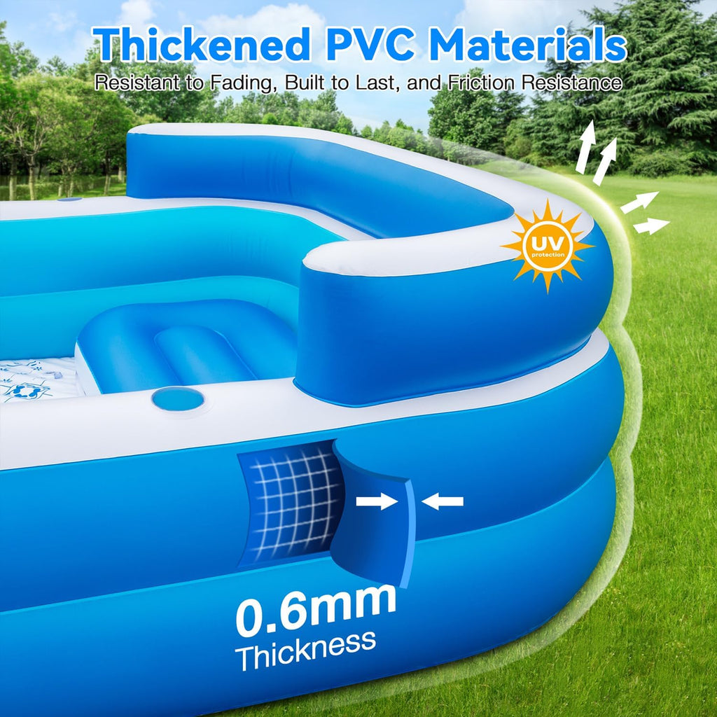 Extra Large Inflatable Pool for Adults 120"x85"x26" – Blow Up Pool with Seats & Backrest, Fits 10 Adults, Air Pump