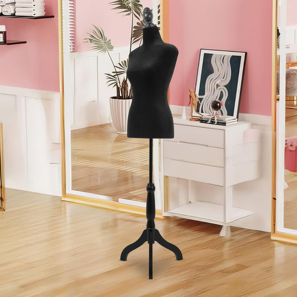 Female Mannequin Torso | Black | Height Adjustable Dress Form | 50"-63" | High-Density Foam with Wood Tripod Stand |