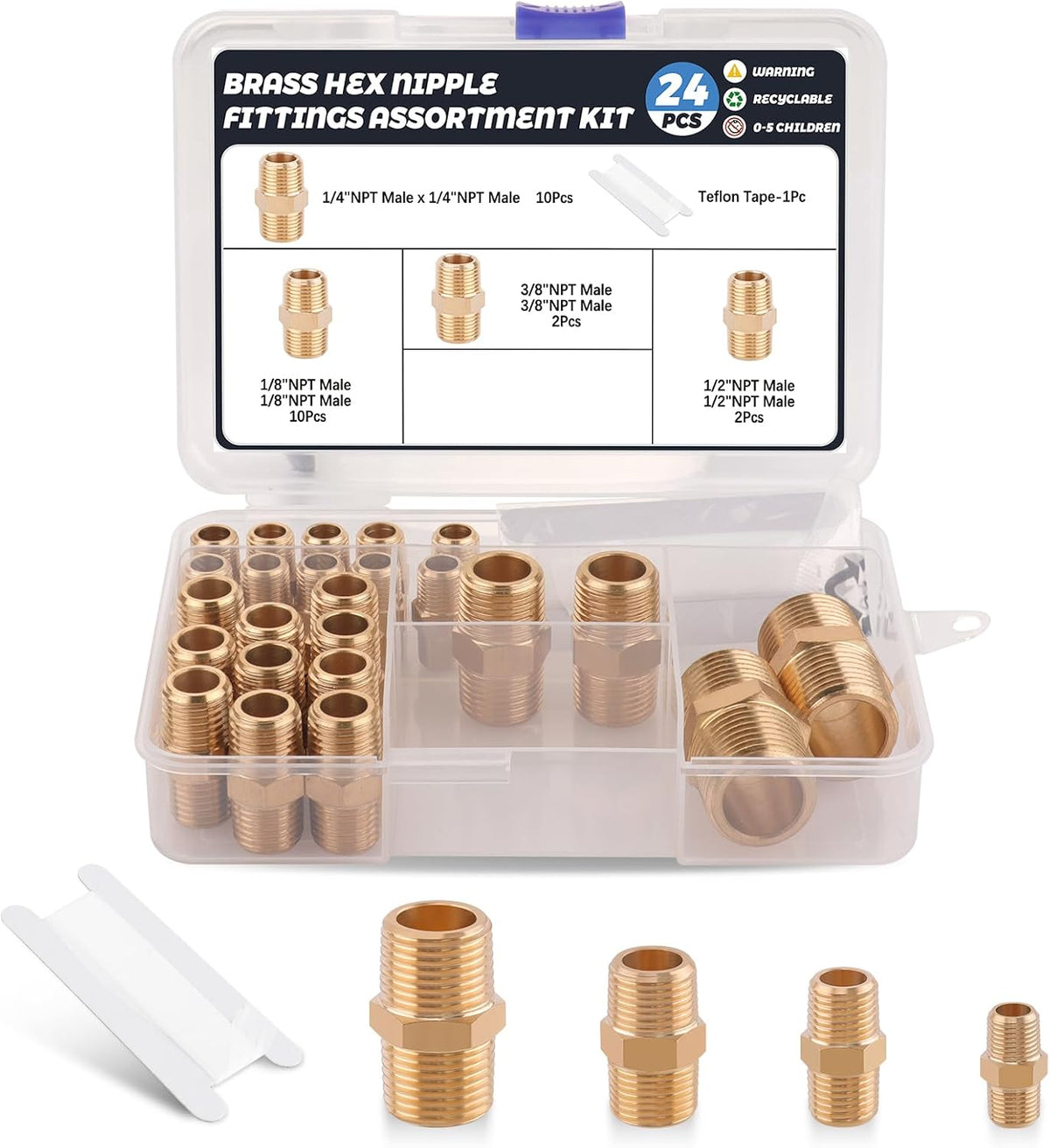 24Pcs Brass Pipe Fittings Hex Nipple Kit,1/8" 1/4" 3/8" 1/2" NPT