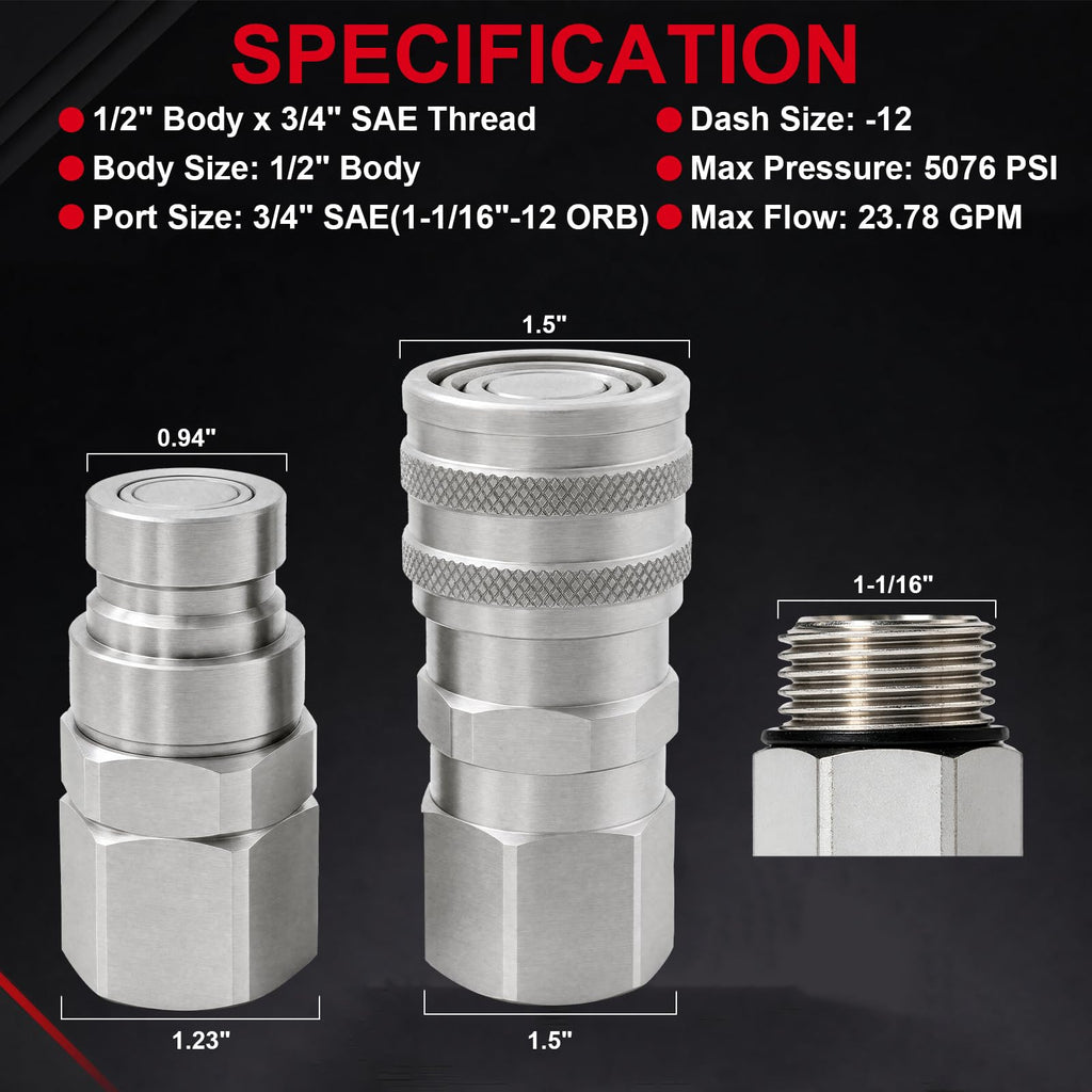3/4'' SAE -12 Thread Skid Steer Flat Face Hydraulic Quick Connect Coupler Set, 1/2" Body W/Dust Cap