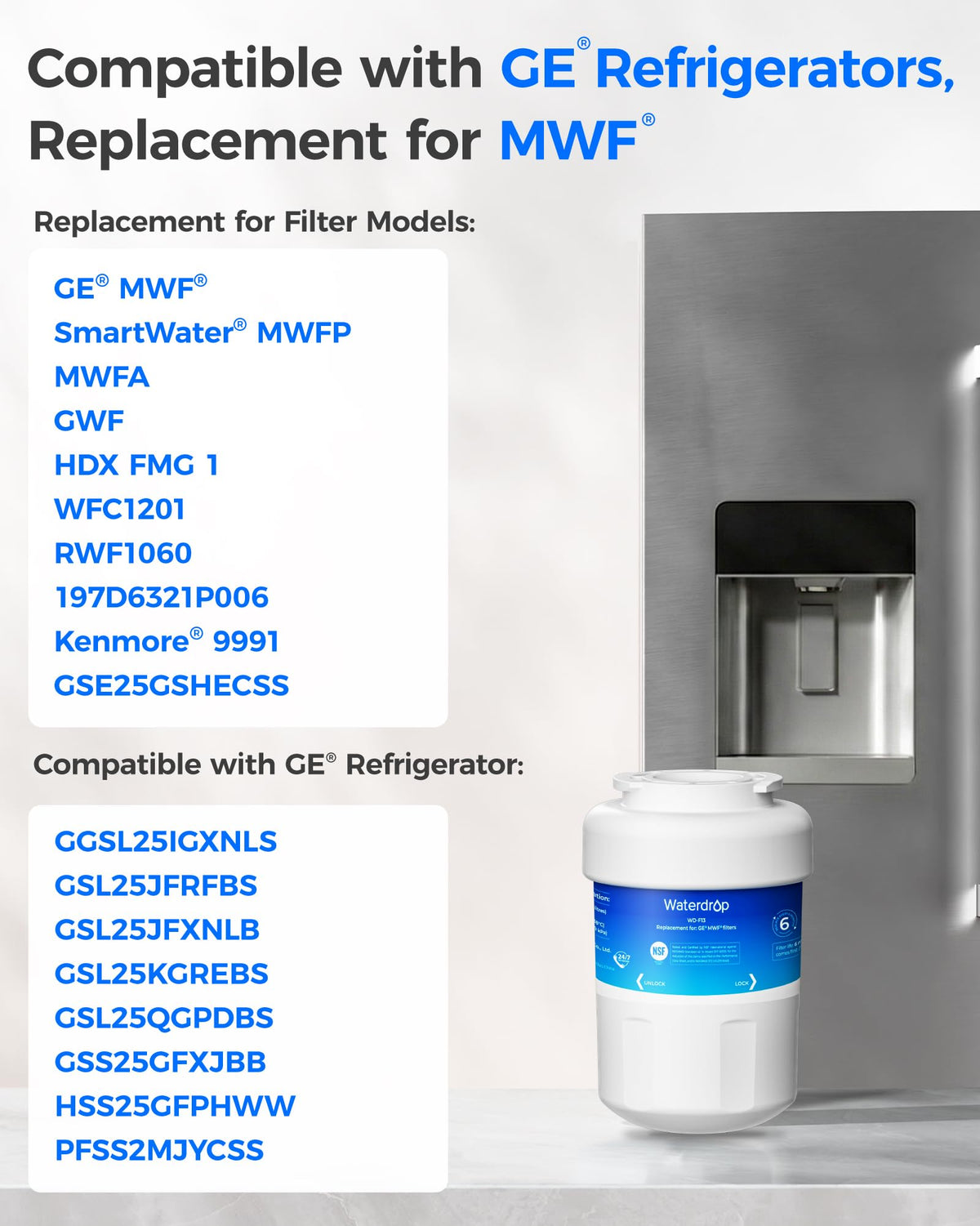 WD-F13 Refrigerator Water Filter, Replacement for GE MWF