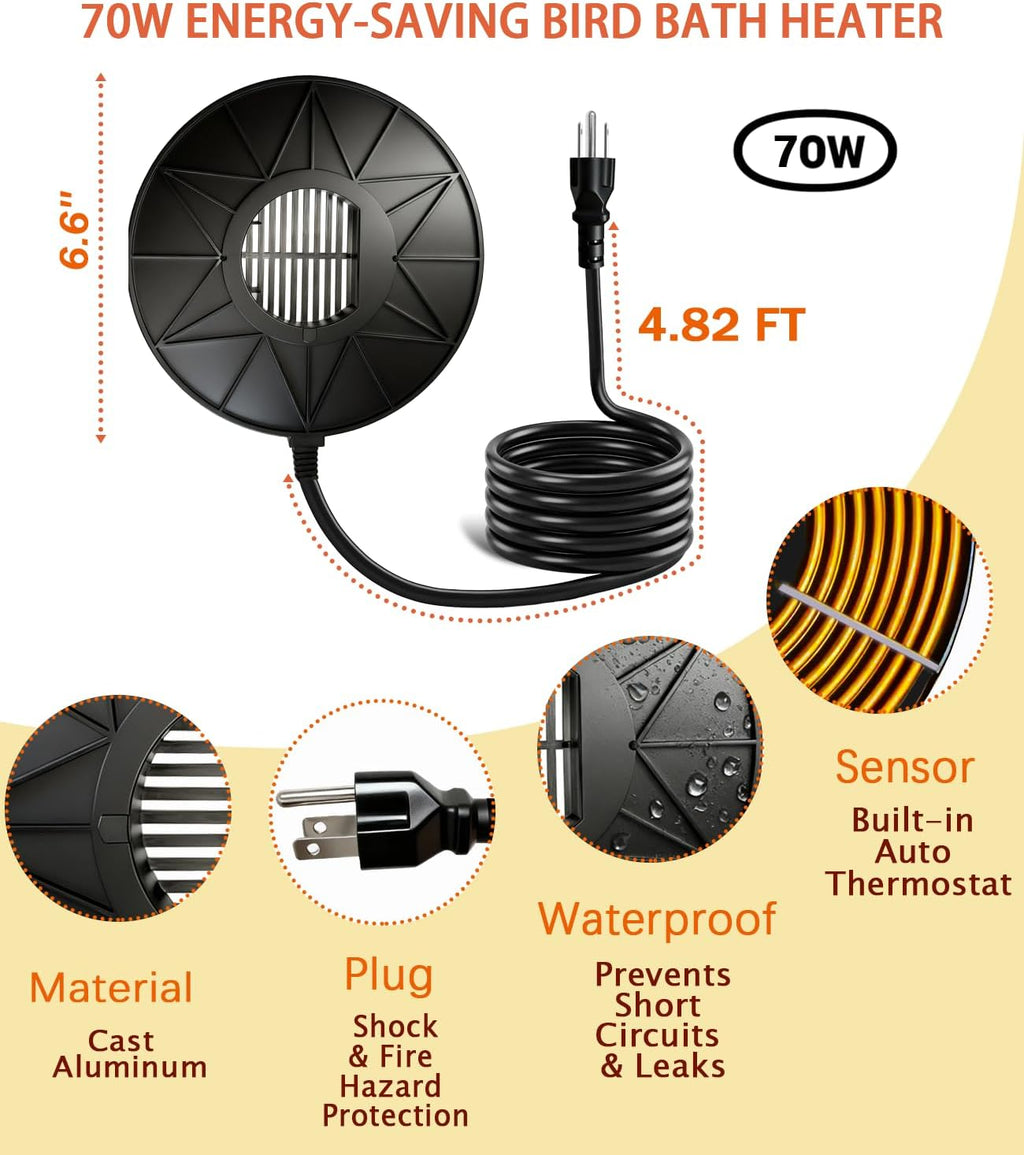 Bird Bath Heater, 70W De-Icer Submergible Deicer Birdbath Water Heater Thermostatic Control Power Saving for Birdbath