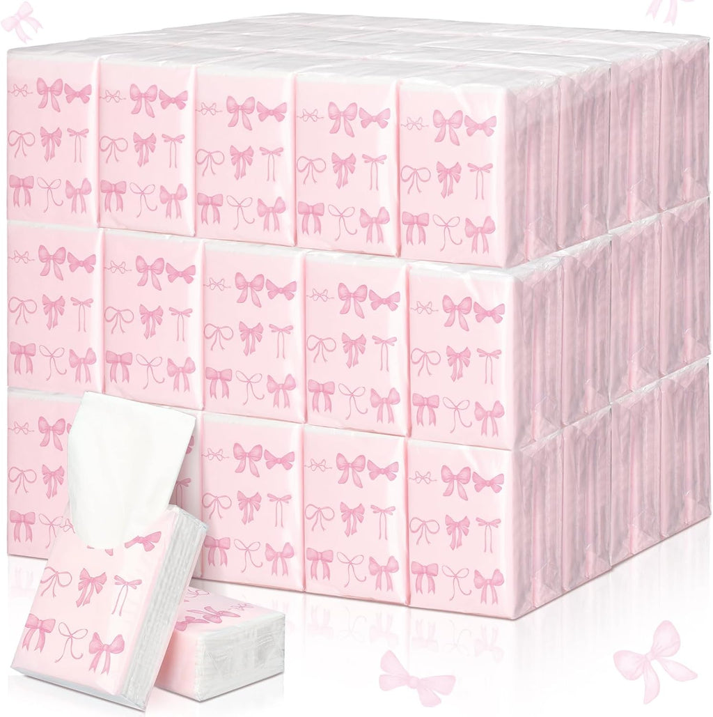 20 Pack Pink Bow Pocket Tissues Travel Packs Bulk Wedding Favor
