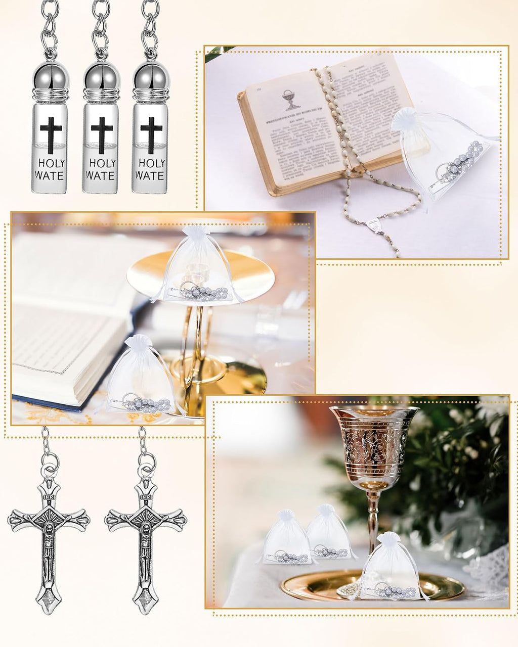 10 Set Holy Water Bottle Keychain with Rosary Bead Crucifix Organza Bags Catholic Gifts for Baptism Favors First