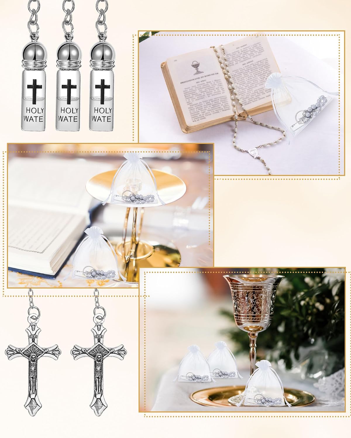 10 Set Holy Water Bottle Keychain with Rosary Bead Crucifix Organza Bags Catholic Gifts for Baptism Favors First