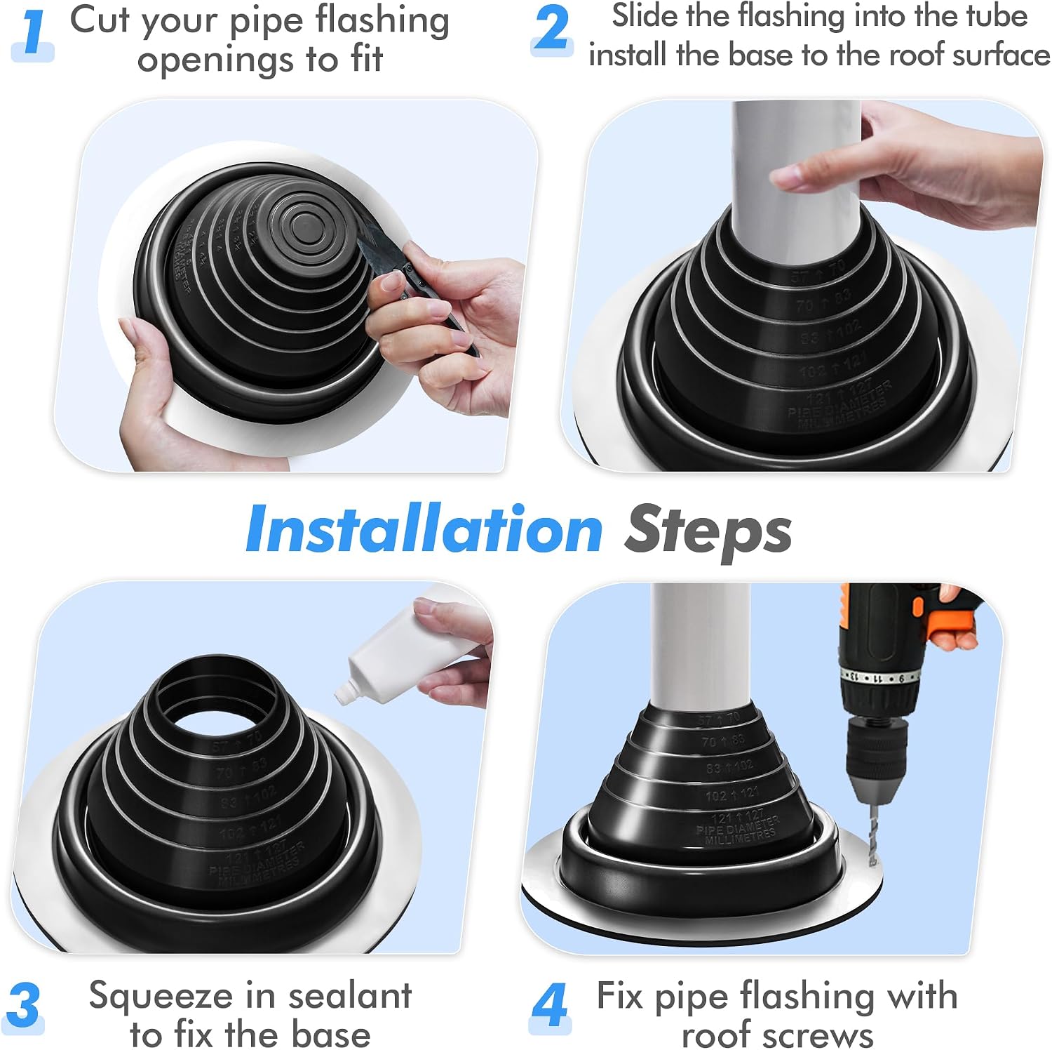 #3 Metal Roof Vents Flashing, Pipe Roofing Boots Kit for OD 1/4"-5", 2 Pcs